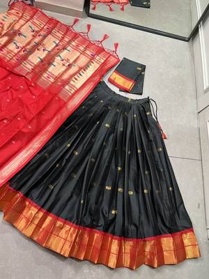 black Paithani Jacquard Silk Lehenga Choli with Weaving Zari Tassel Dupatta 7
