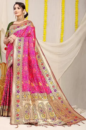 Rani pink patola silk blend saree with blouse piece