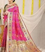 Rani pink patola silk blend saree with blouse piece