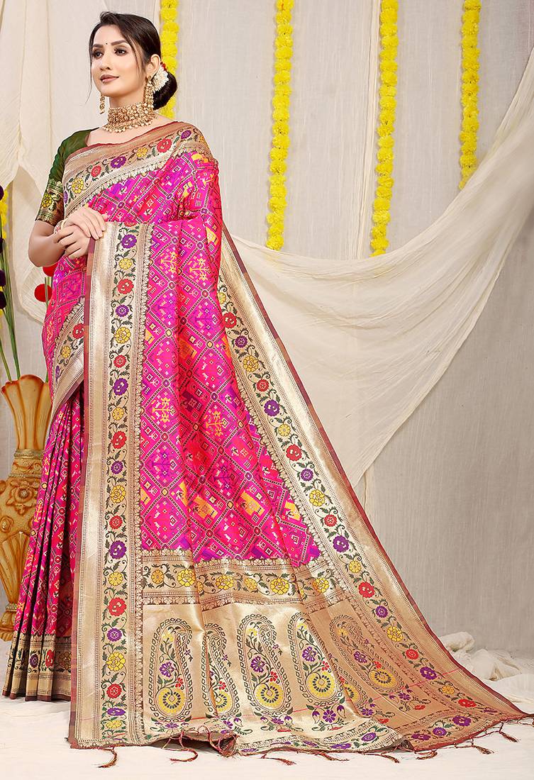 Rani pink patola silk blend saree with blouse piece