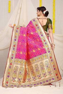 Rani pink patola silk blend saree with blouse piece 2