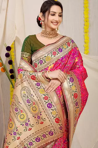 Rani pink patola silk blend saree with blouse piece