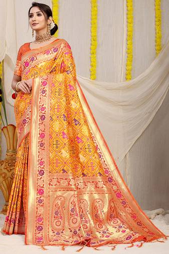 Mustard yellow patola silk blend saree with blouse piece