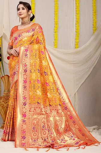 Mustard yellow patola silk blend saree with blouse piece