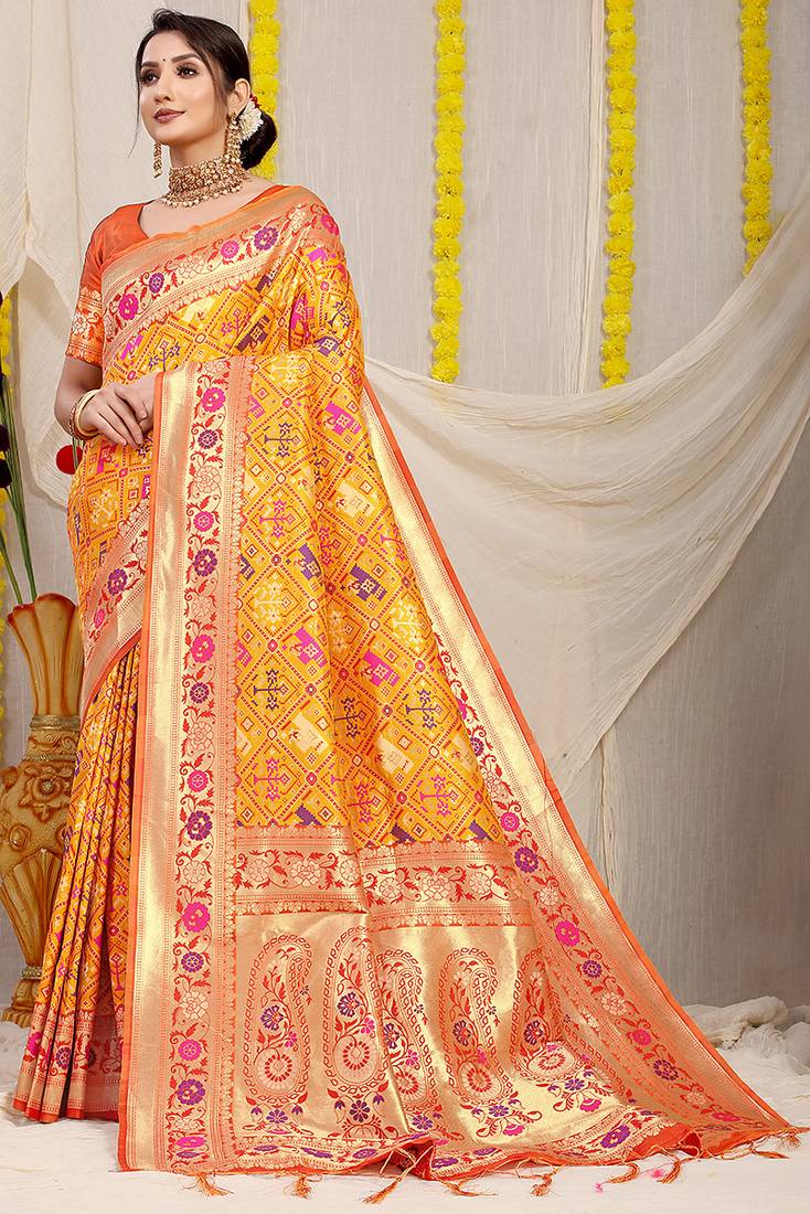 Mustard yellow patola silk blend saree with blouse piece