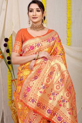 Mustard yellow patola silk blend saree with blouse piece 3