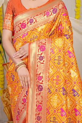 Mustard yellow patola silk blend saree with blouse piece 4