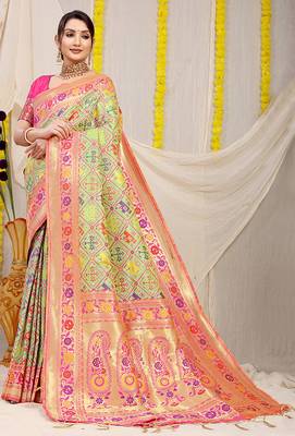 Mint green patola silk blend saree with blouse piece 1