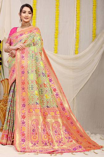 Mint green patola silk blend saree with blouse piece