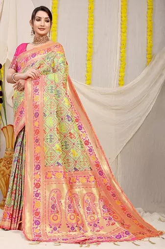 Mint green patola silk blend saree with blouse piece