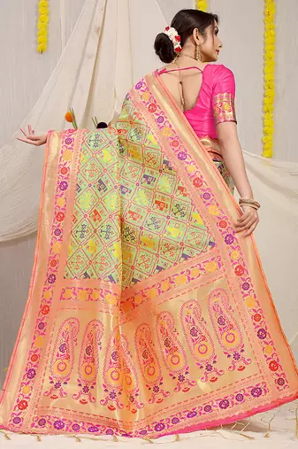 Mint green patola silk blend saree with blouse piece