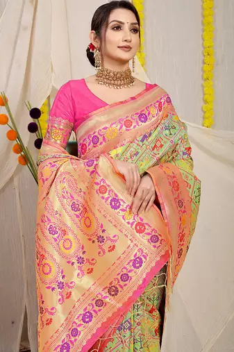 Mint green patola silk blend saree with blouse piece