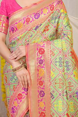 Mint green patola silk blend saree with blouse piece 4