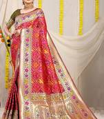 Red patola silk blend saree with blouse piece