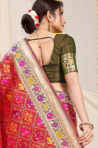Red patola silk blend saree with blouse piece