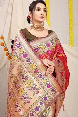 Red patola silk blend saree with blouse piece 3