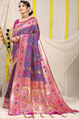 Royal blue patola silk blend saree with blouse piece