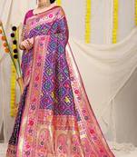 Royal blue patola silk blend saree with blouse piece