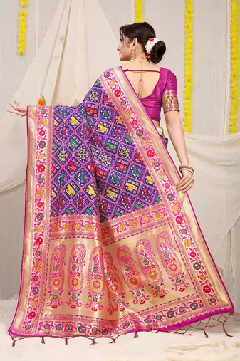 Royal blue patola silk blend saree with blouse piece