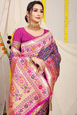 Royal blue patola silk blend saree with blouse piece 3