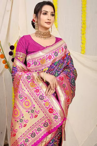 Royal blue patola silk blend saree with blouse piece