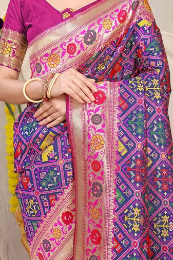 Royal blue patola silk blend saree with blouse piece