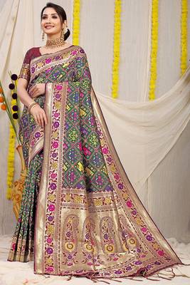 Dark green patola silk blend saree with blouse piece 1