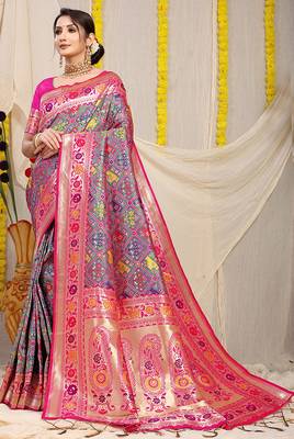 Grey patola silk blend saree with blouse piece 1