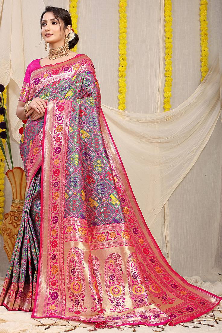Grey patola silk blend saree with blouse piece