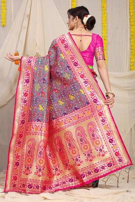 Grey patola silk blend saree with blouse piece 2