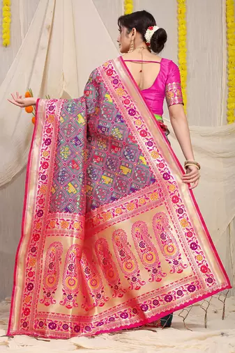 Grey patola silk blend saree with blouse piece