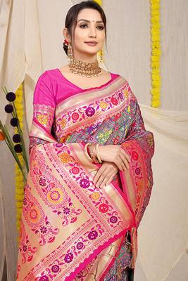 Grey patola silk blend saree with blouse piece 3