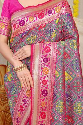 Grey patola silk blend saree with blouse piece 4