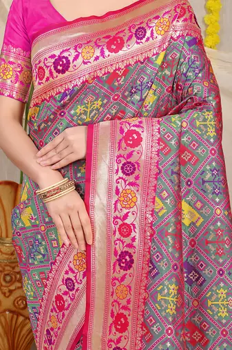 Grey patola silk blend saree with blouse piece