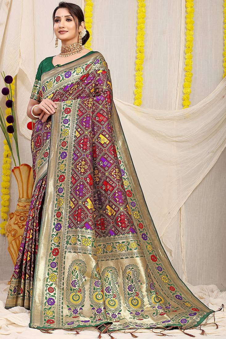 Wine patola silk blend saree with blouse piece