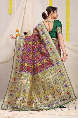 Wine patola silk blend saree with blouse piece 2