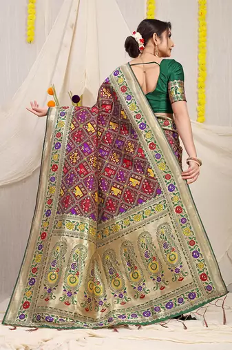 Wine patola silk blend saree with blouse piece