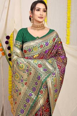 Wine patola silk blend saree with blouse piece 3