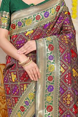 Wine patola silk blend saree with blouse piece 4