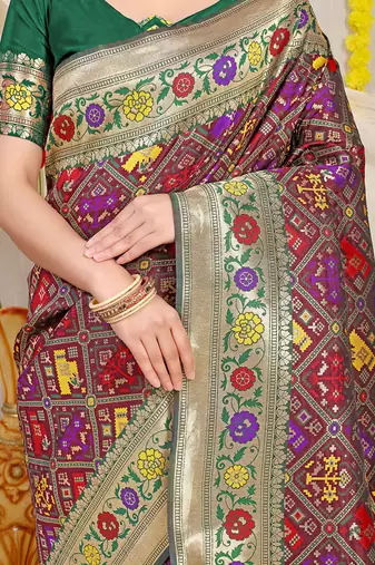 Wine patola silk blend saree with blouse piece