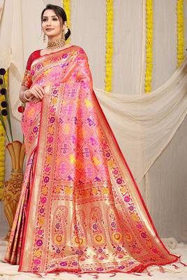 Light pink patola silk blend saree with blouse piece 1