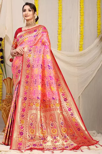 Light pink patola silk blend saree with blouse piece