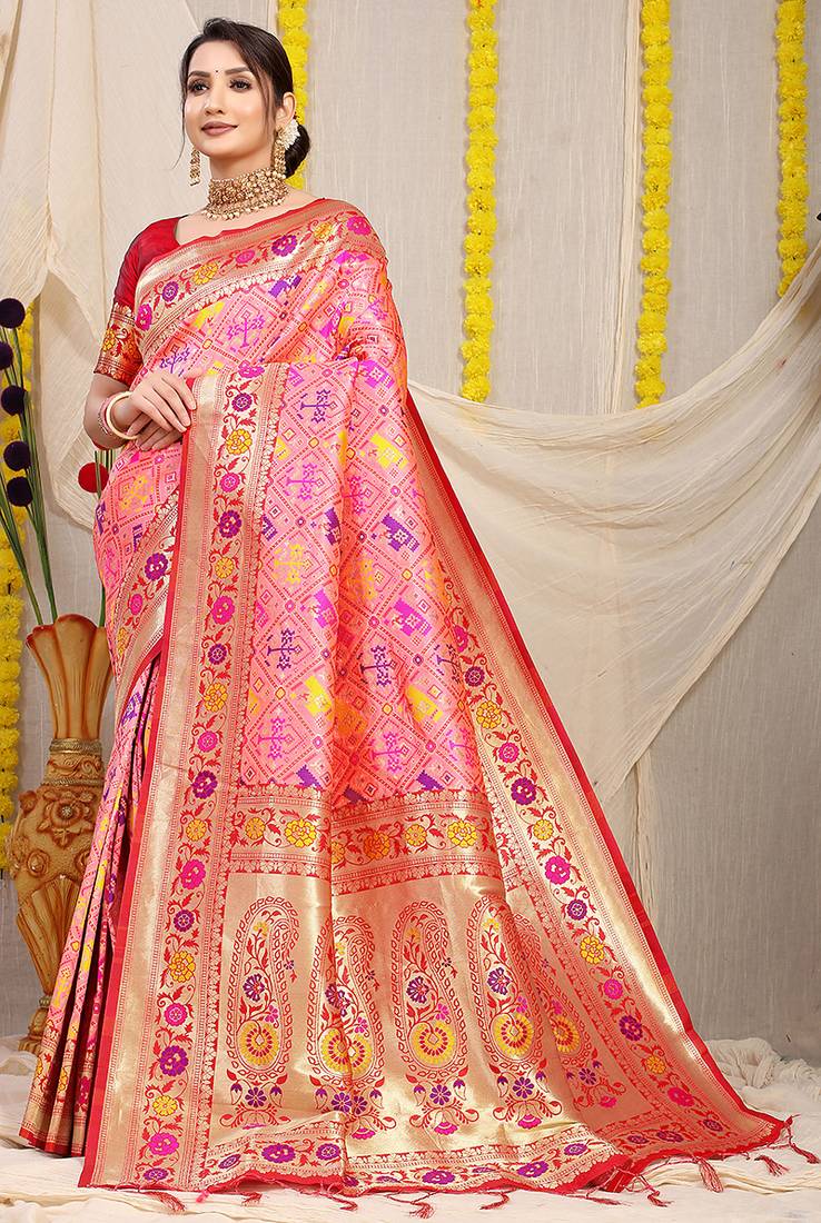 Light pink patola silk blend saree with blouse piece