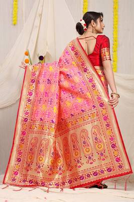 Light pink patola silk blend saree with blouse piece 2
