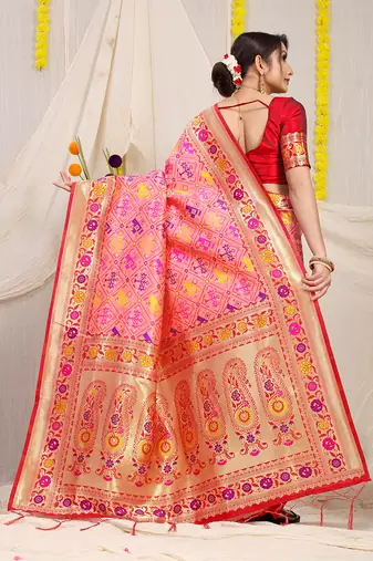 Light pink patola silk blend saree with blouse piece