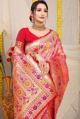 Light pink patola silk blend saree with blouse piece 3