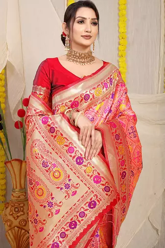 Light pink patola silk blend saree with blouse piece