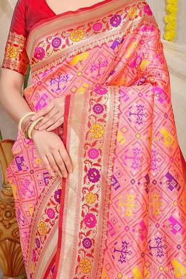Light pink patola silk blend saree with blouse piece 4