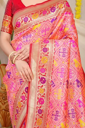 Light pink patola silk blend saree with blouse piece