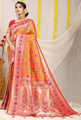 Orange patola silk blend saree with blouse piece 1